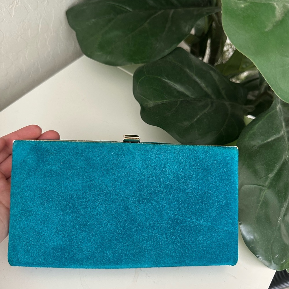 Vintage Aqua Blue Suede Rectangle Clutch Handbag Wallet